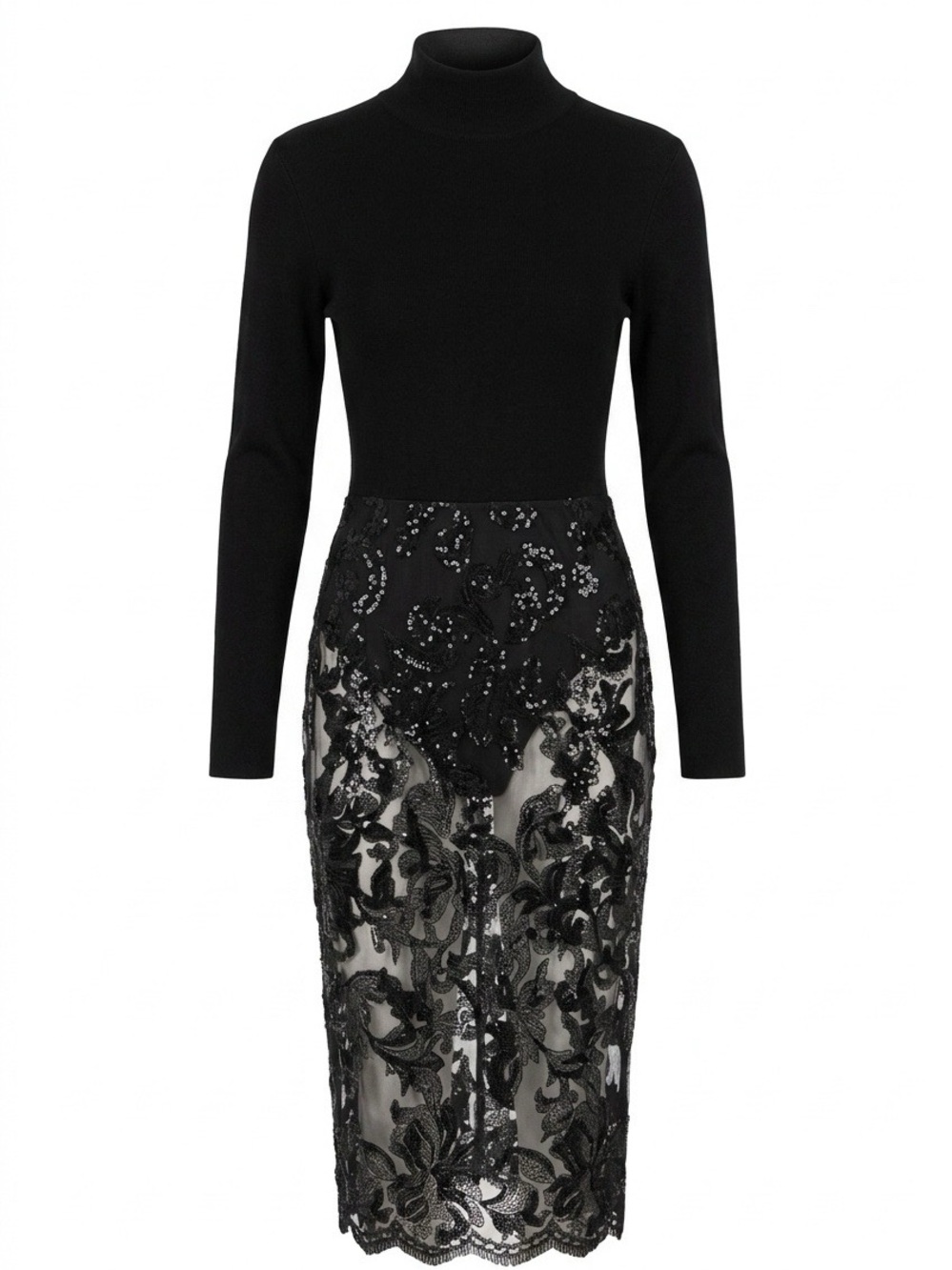 Black Turtleneck Sequins Lace Sheer Midi Dress, Built in bodysuit